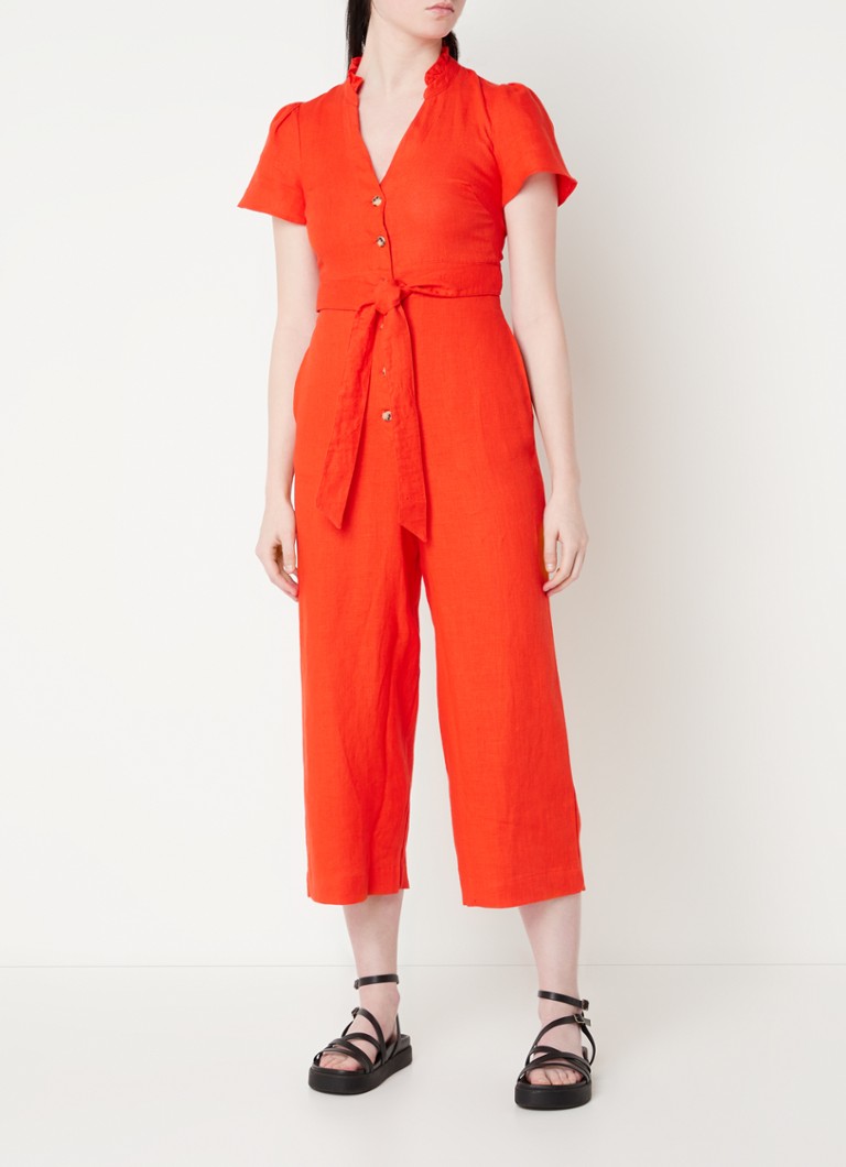 Whistles - Straight fit cropped jumpsuit van linnen met strikceintuur - Rood
