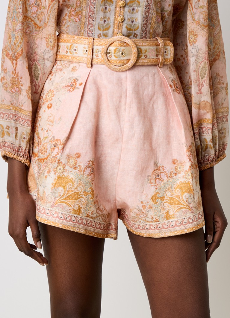 Zimmermann - Acacia high waist wide fit korte broek van linnen met ceintuur - Lichtroze