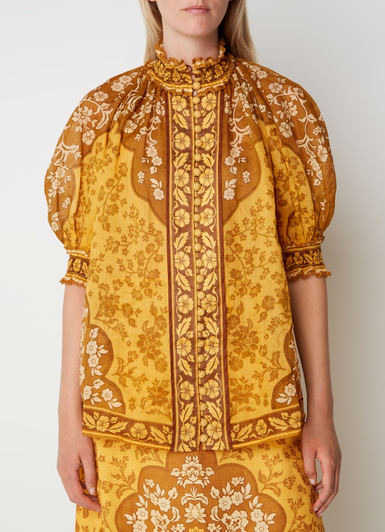 Zimmermann - Raie blouse met pofmouw en opstaande kraag - Okergeel