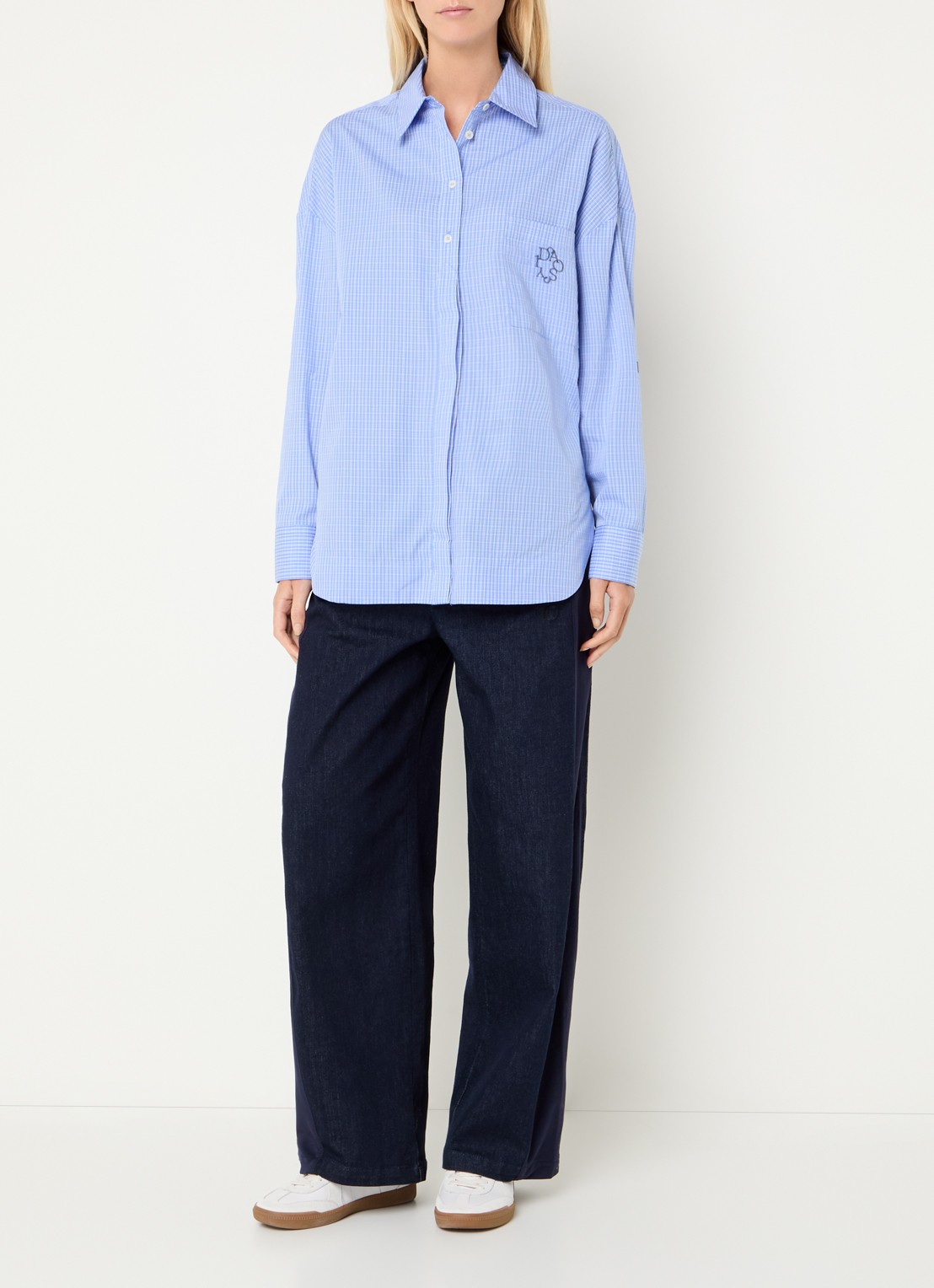 10DAYS Blouse met ruitdessin - voorkant 2 staalblauw
