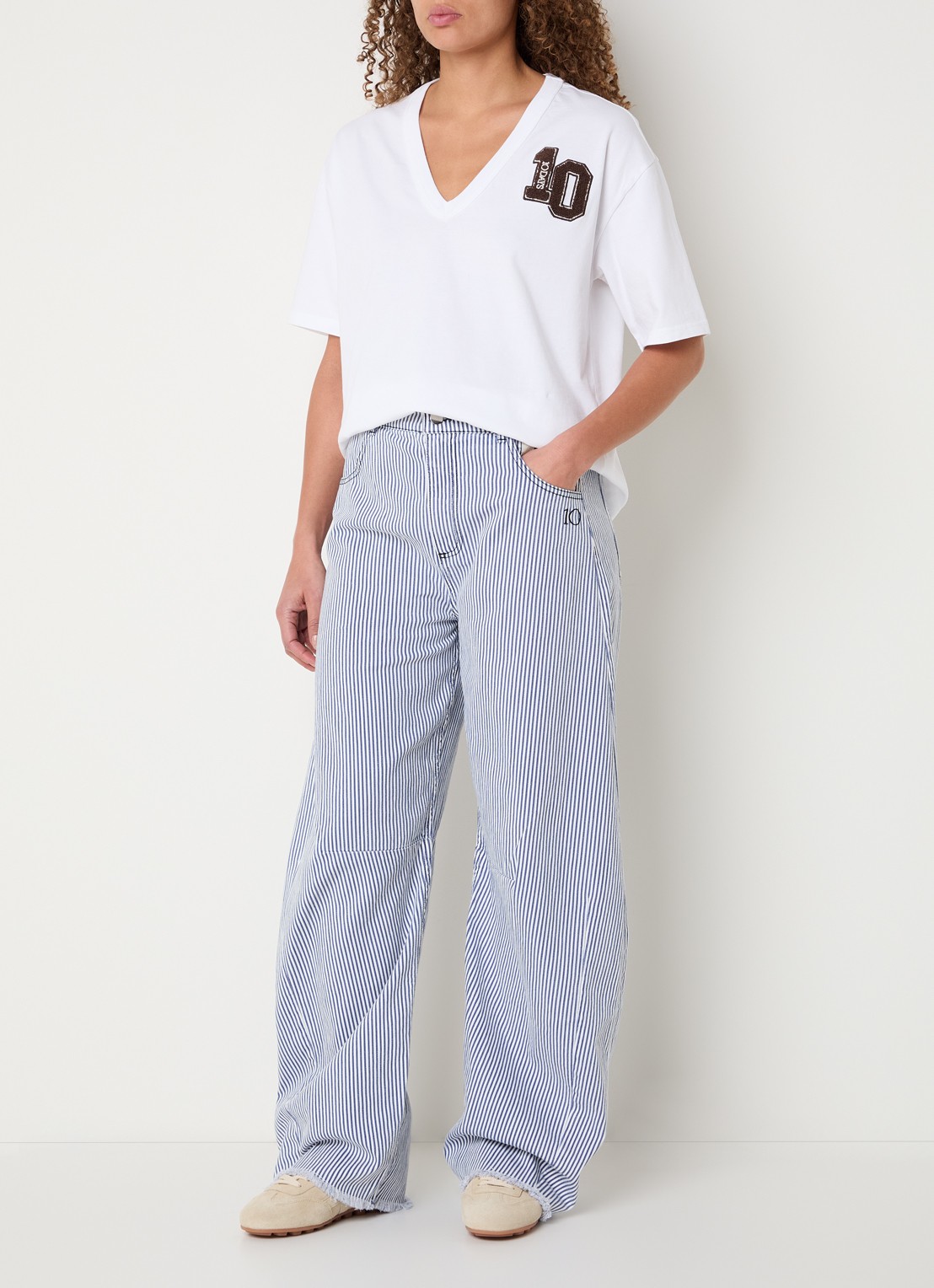 10DAYS High waist wide fit broek met streepprint - voorkant 3 staalblauw