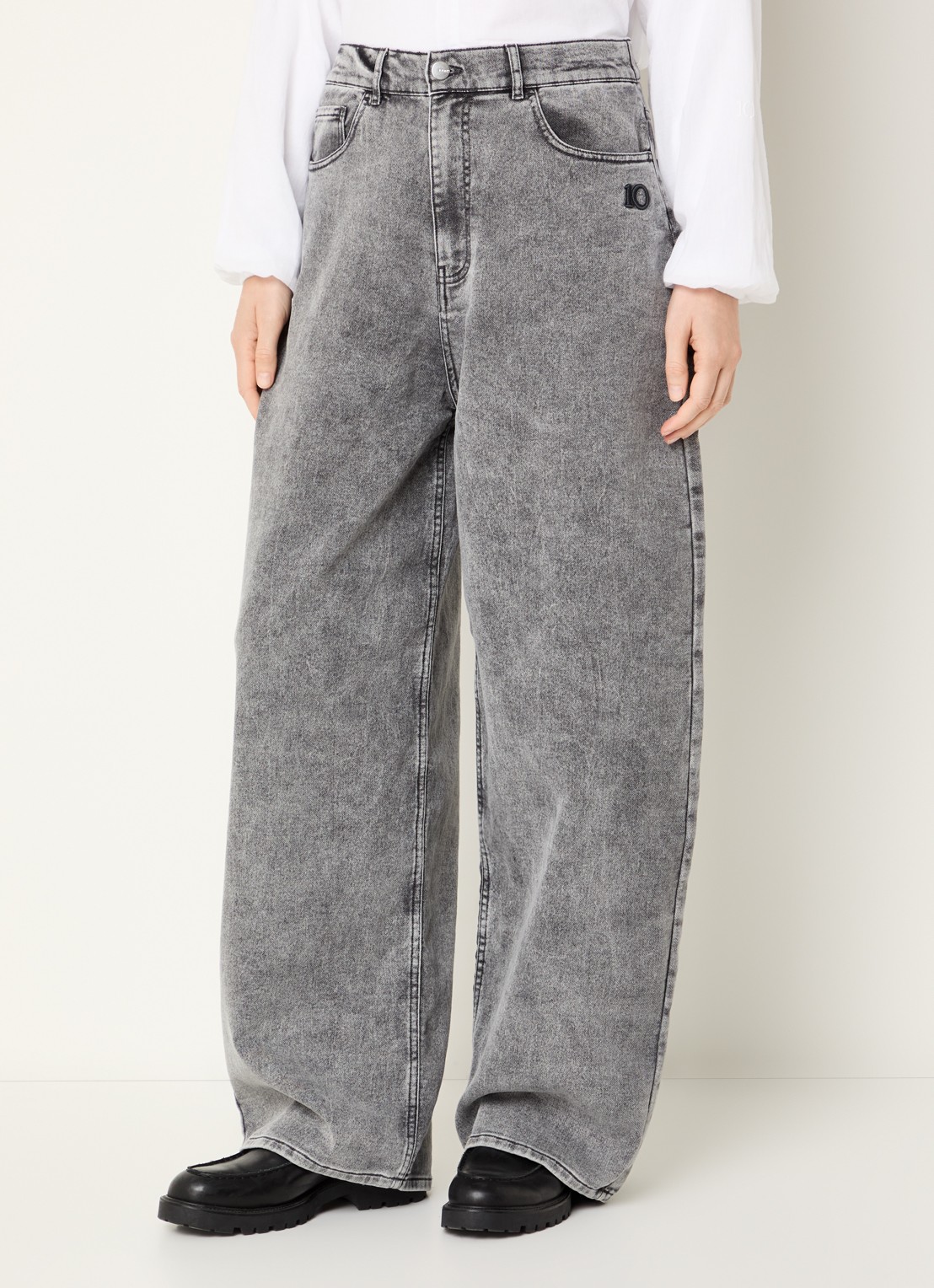 10DAYS Mid waist wide leg jogg jeans met verwassen afwerking - detail 2 lichtgrijs