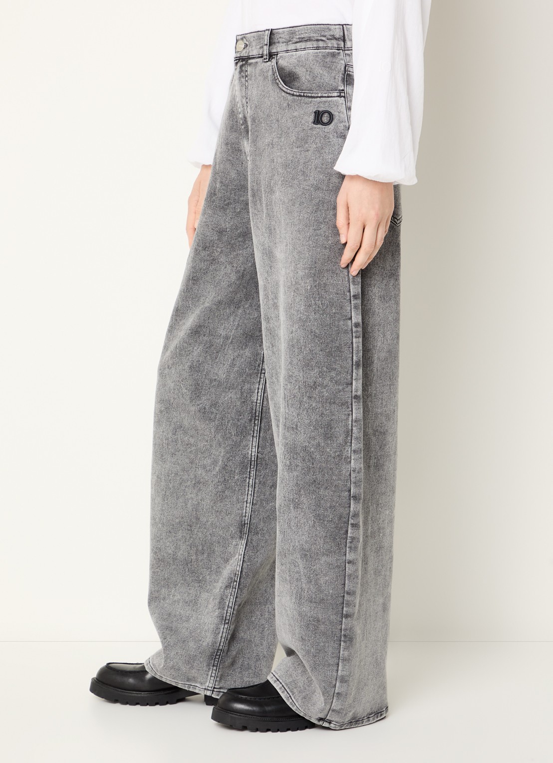 10DAYS Mid waist wide leg jogg jeans met verwassen afwerking - detail 3 lichtgrijs