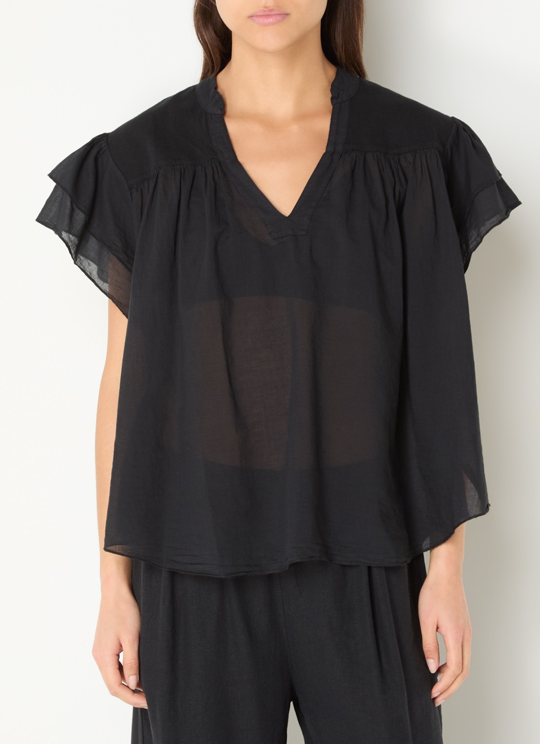 10DAYS Semi-transparante top met V-hals - detail 3 zwart