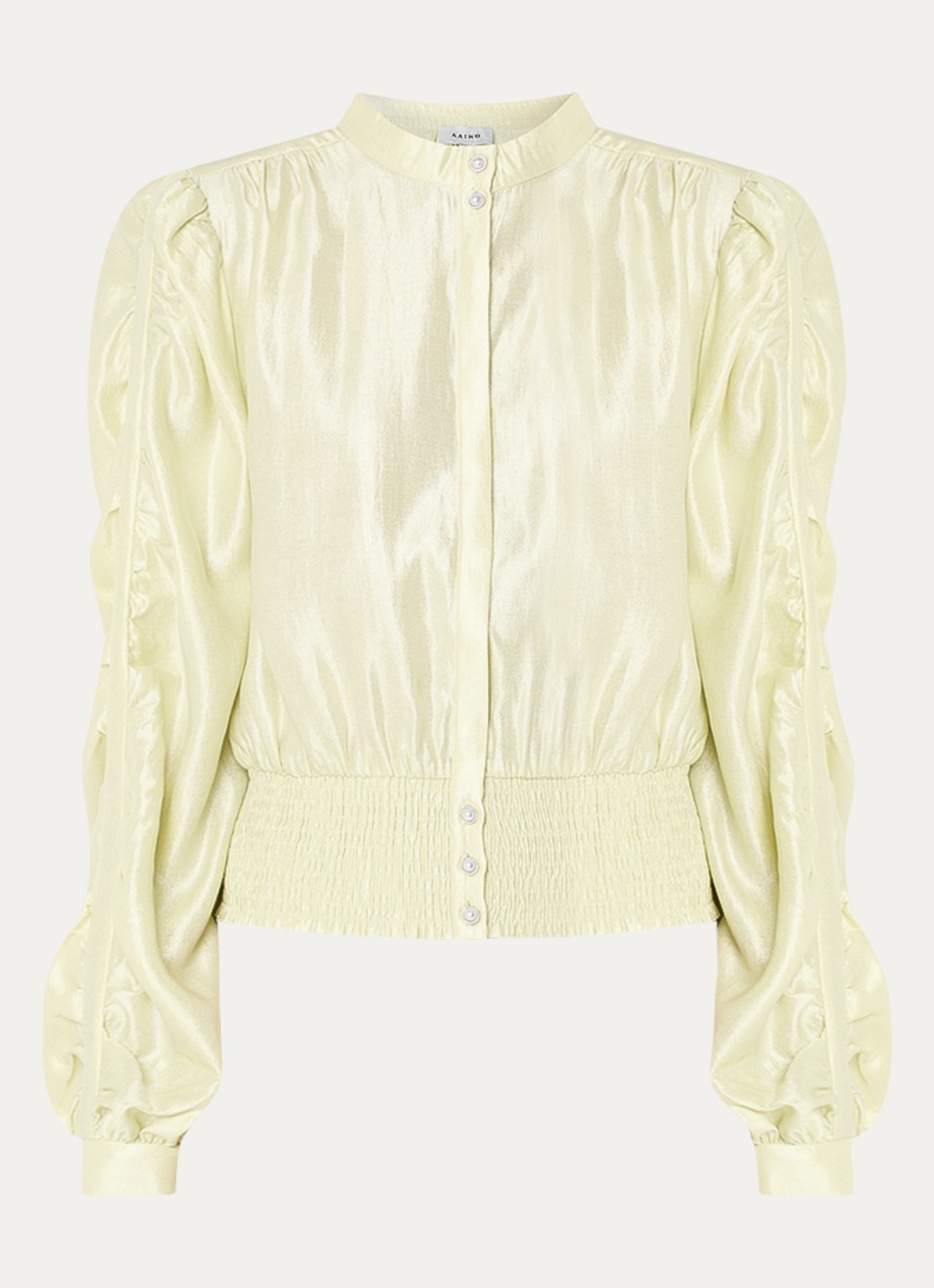 Aaiko Beaudine blouse met ballonmouw en metallic finish - voorkant 3 lichtgeel