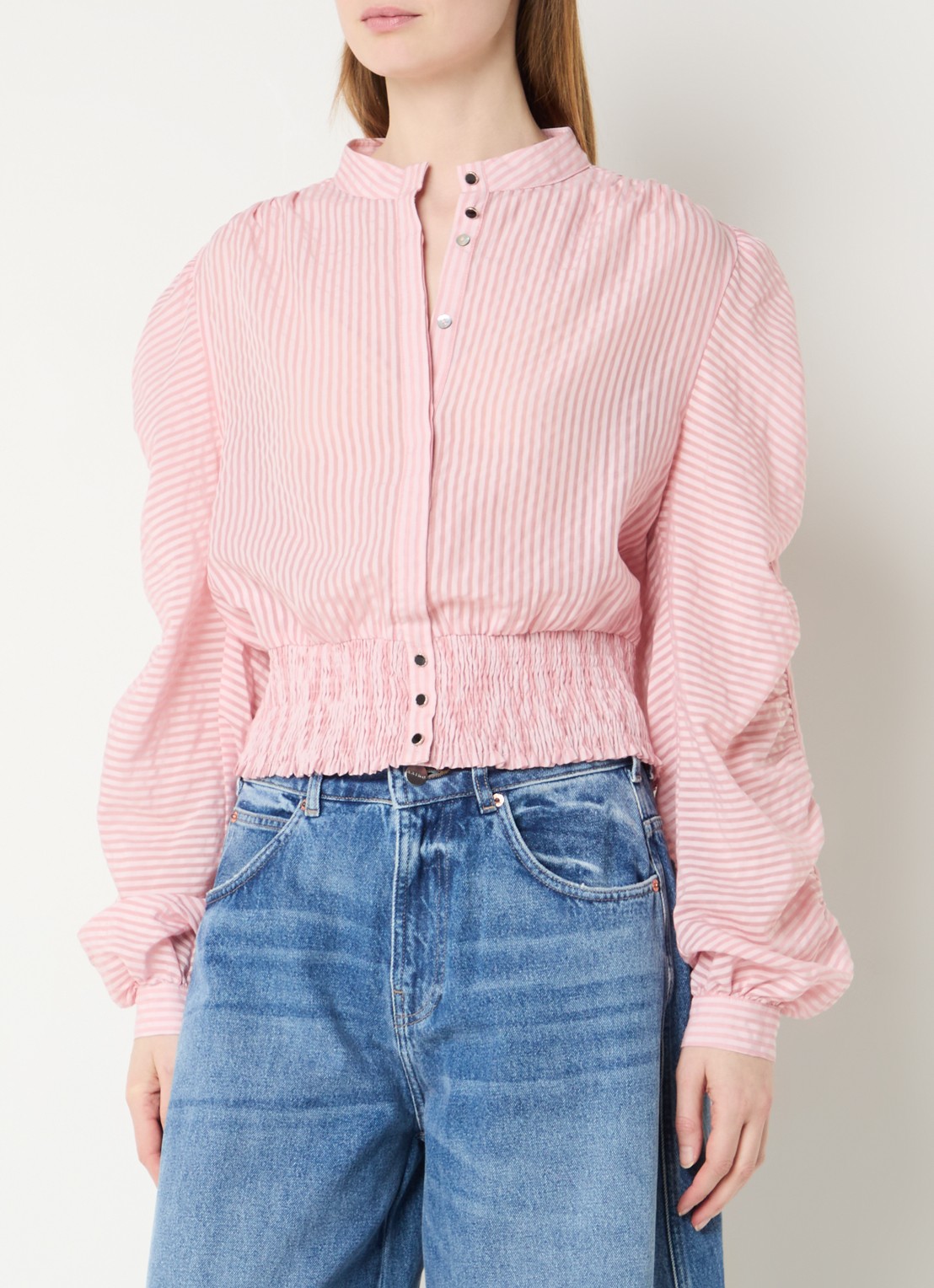Aaiko Beaudine cropped blouse met streepprint - detail 2 zalmroze