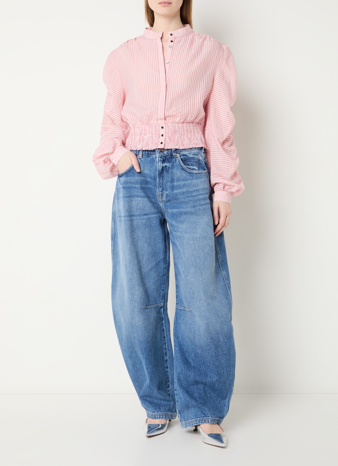 Aaiko Beaudine cropped blouse met streepprint - voorkant 4 zalmroze
