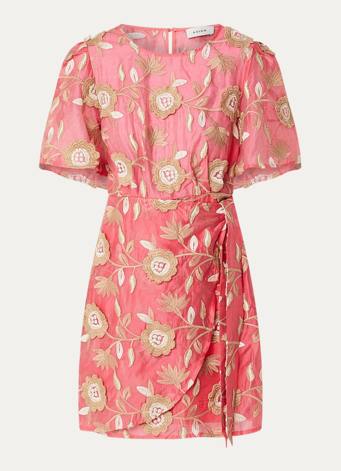 Aaiko Celina mini jurk met ceintuur en bloemenprint - voorkant 2 koraal