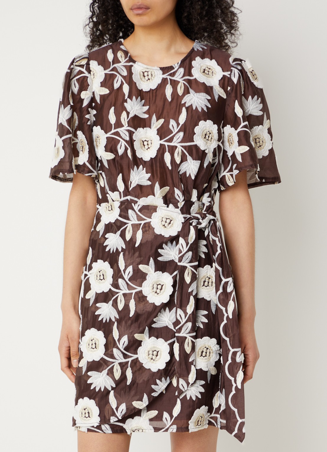 Aaiko Celina mini jurk met ceintuur en bloemenprint - detail 3 donkerbruin