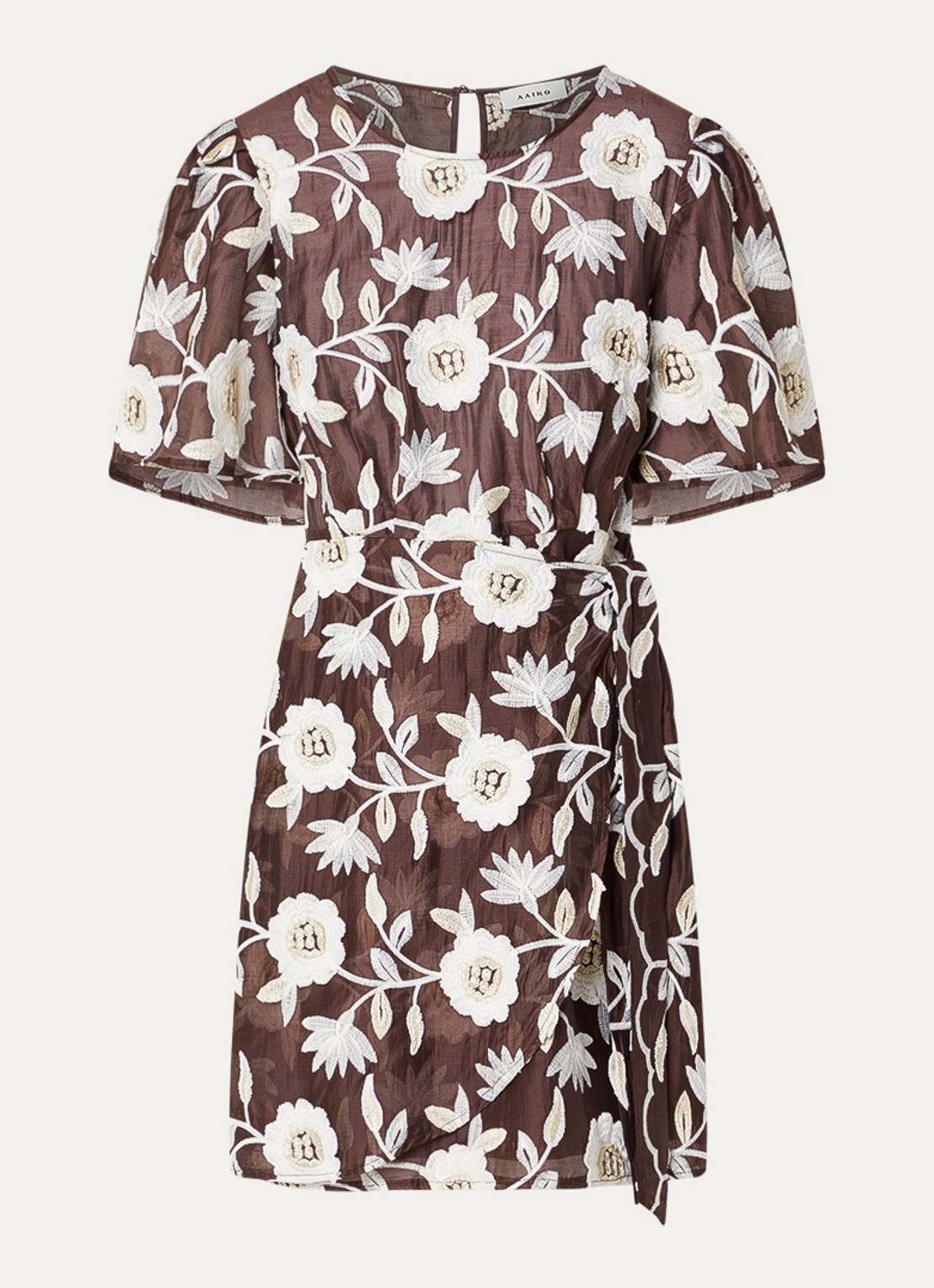 Aaiko Celina mini jurk met ceintuur en bloemenprint - voorkant donkerbruin