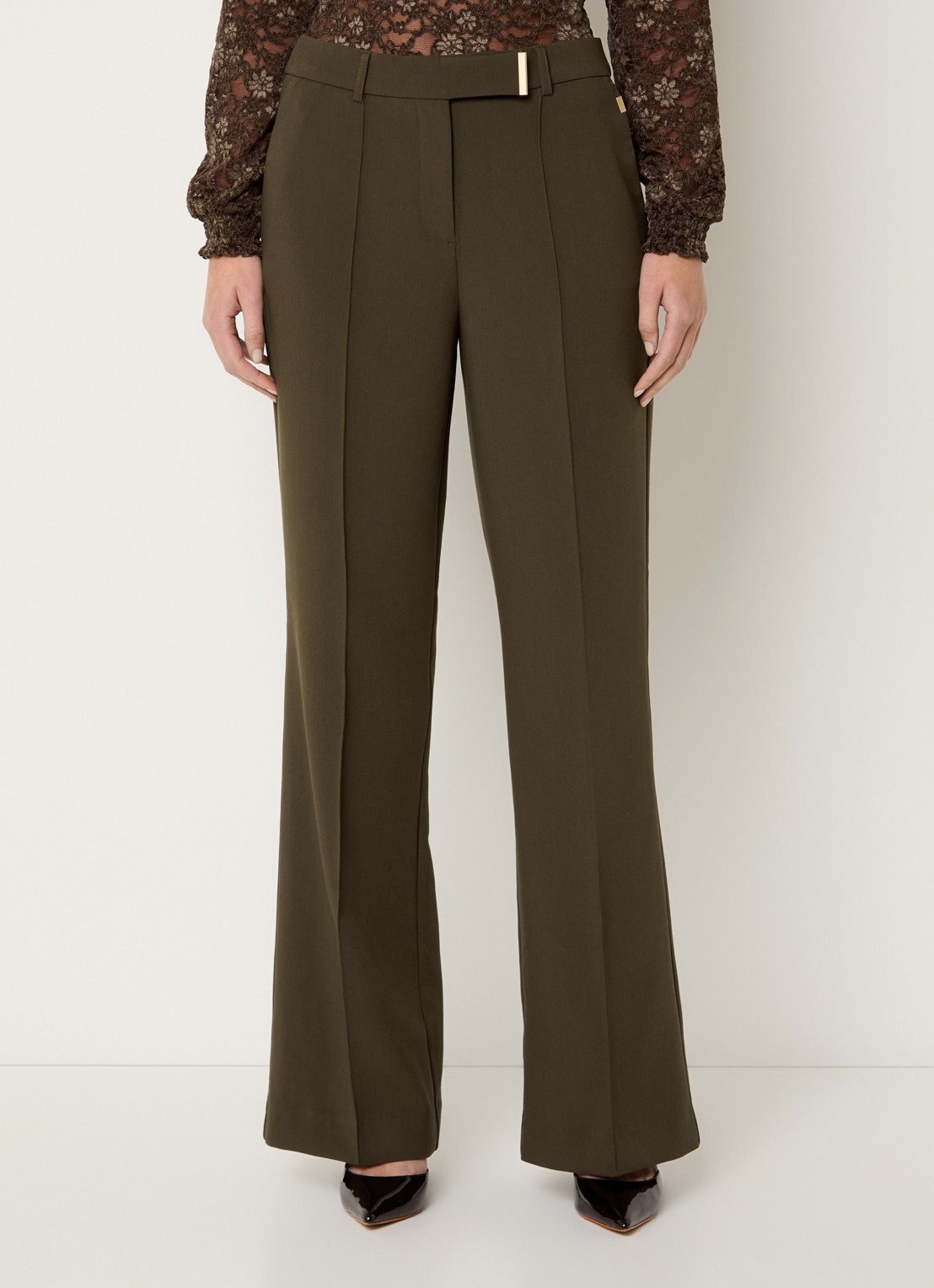 Aaiko Chantalle high waist wide fit pantalon met persplooi en structuur - detail 3 bronsgroen