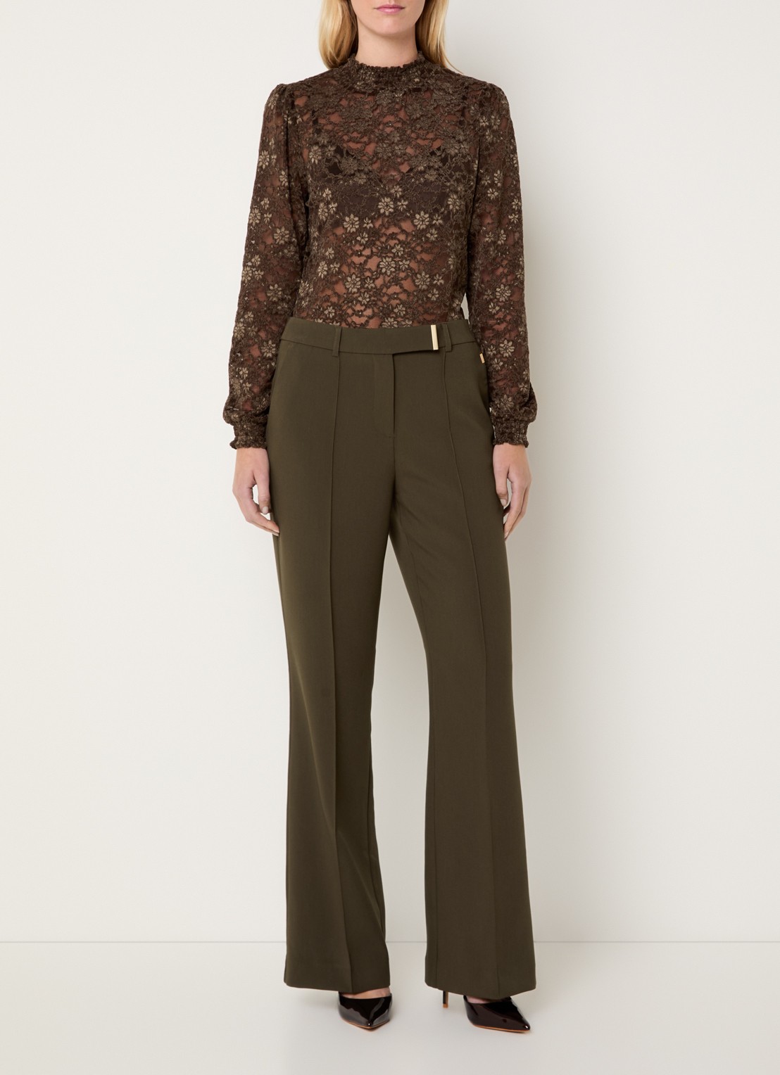 Aaiko Chantalle high waist wide fit pantalon met persplooi en structuur - voorkant 2 bronsgroen