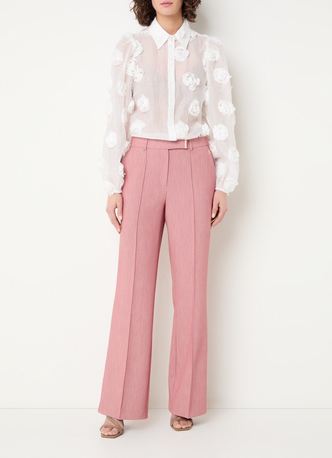 Aaiko Chantalle high waist wide fit pantalon met persplooi en structuur - voorkant 3 roze