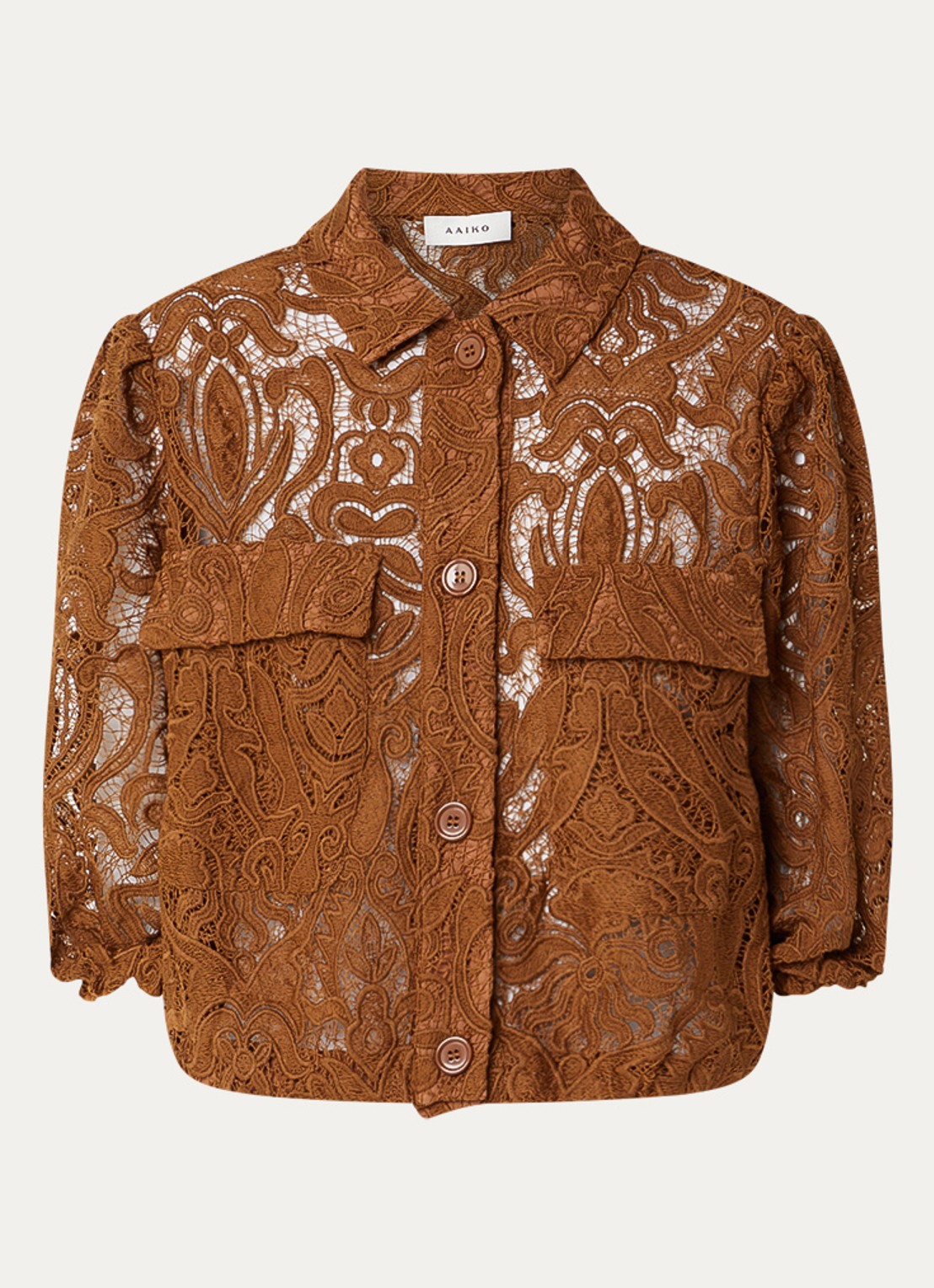Aaiko Cozy blouse met broderie en ballonmouw - voorkant 2 cognac