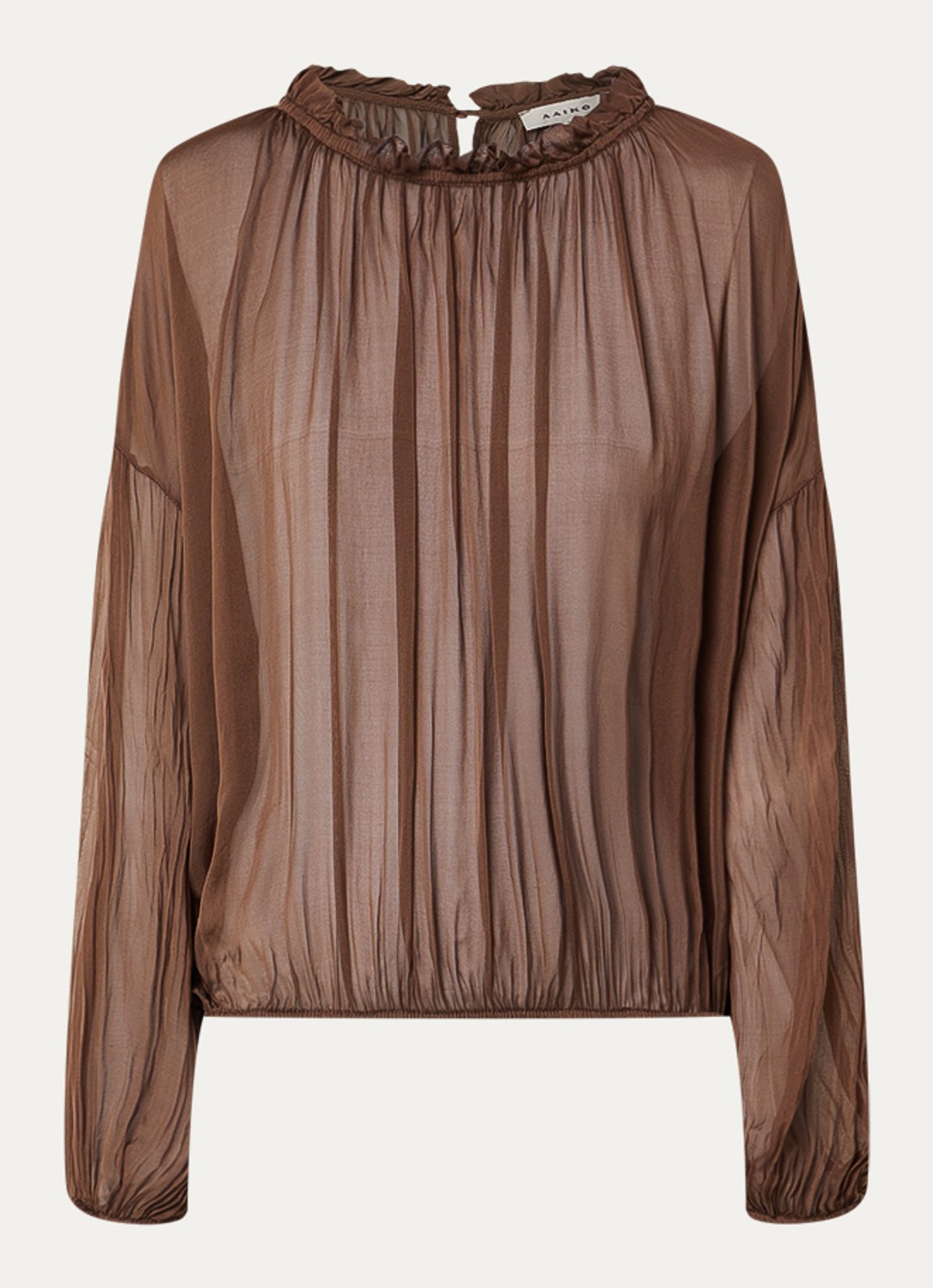 Aaiko Cristy top in zijdeblend met ballonmouw - voorkant 3 hazelnootbruin