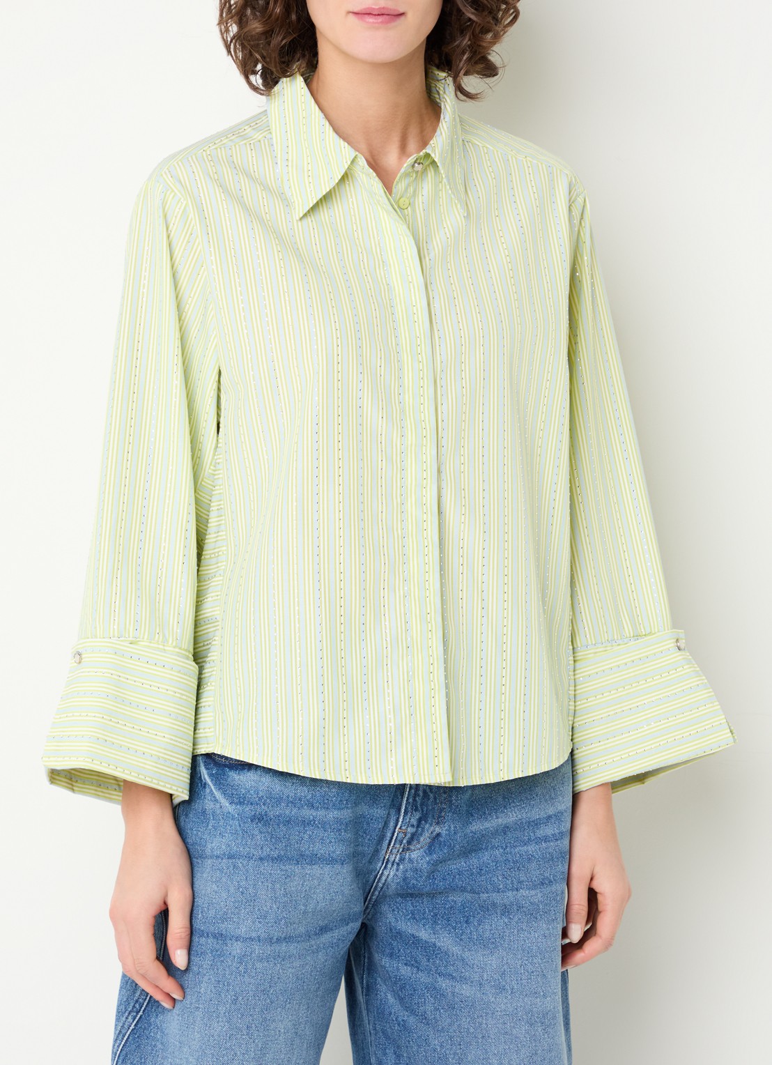 Aaiko Elda blouse met streepprint en strass - detail 2 lichtgroen