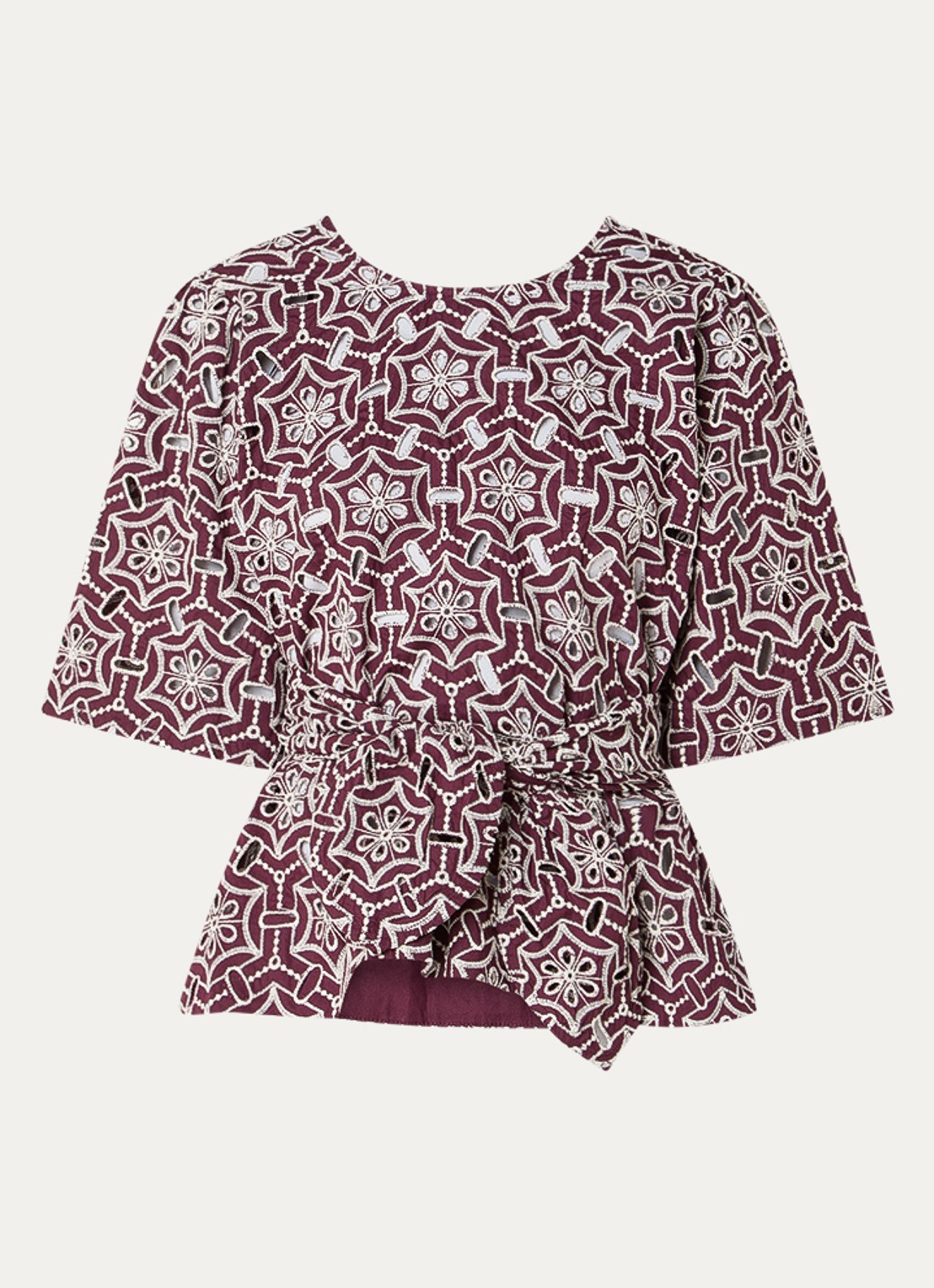 Aaiko Georgie top met strikceintuur en opengewerkt dessin - voorkant 2 aubergine