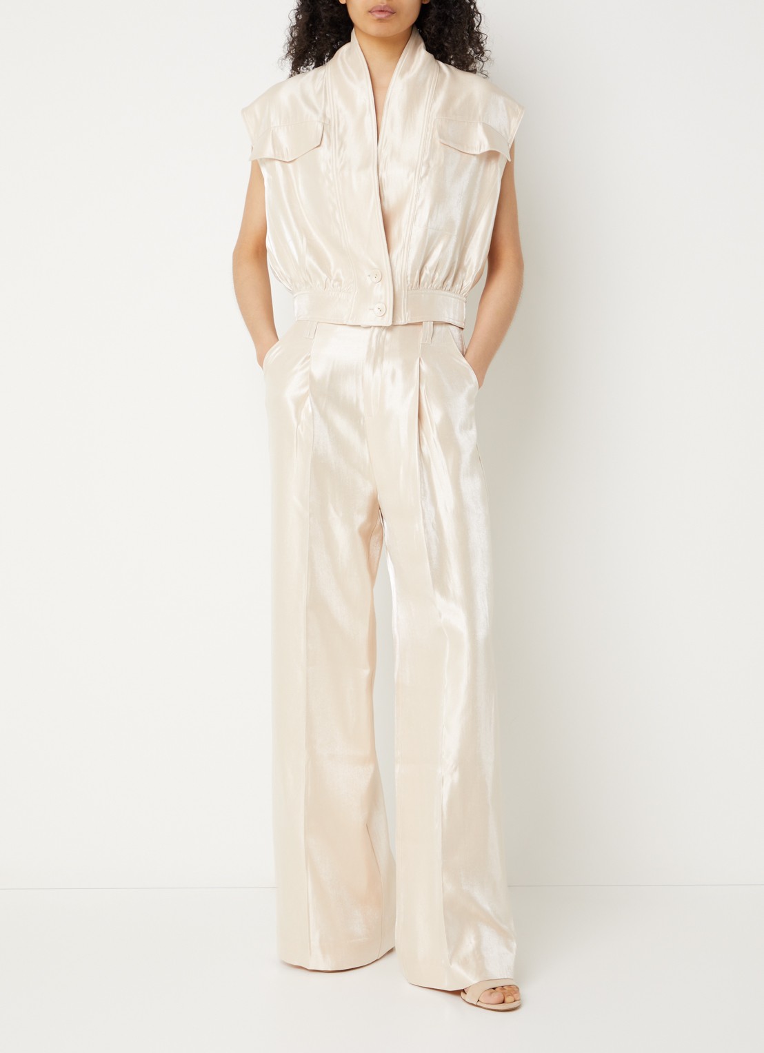 Aaiko Hailey high waist wide fit pantalon met metallic finish - voorkant 3 vanillegeel