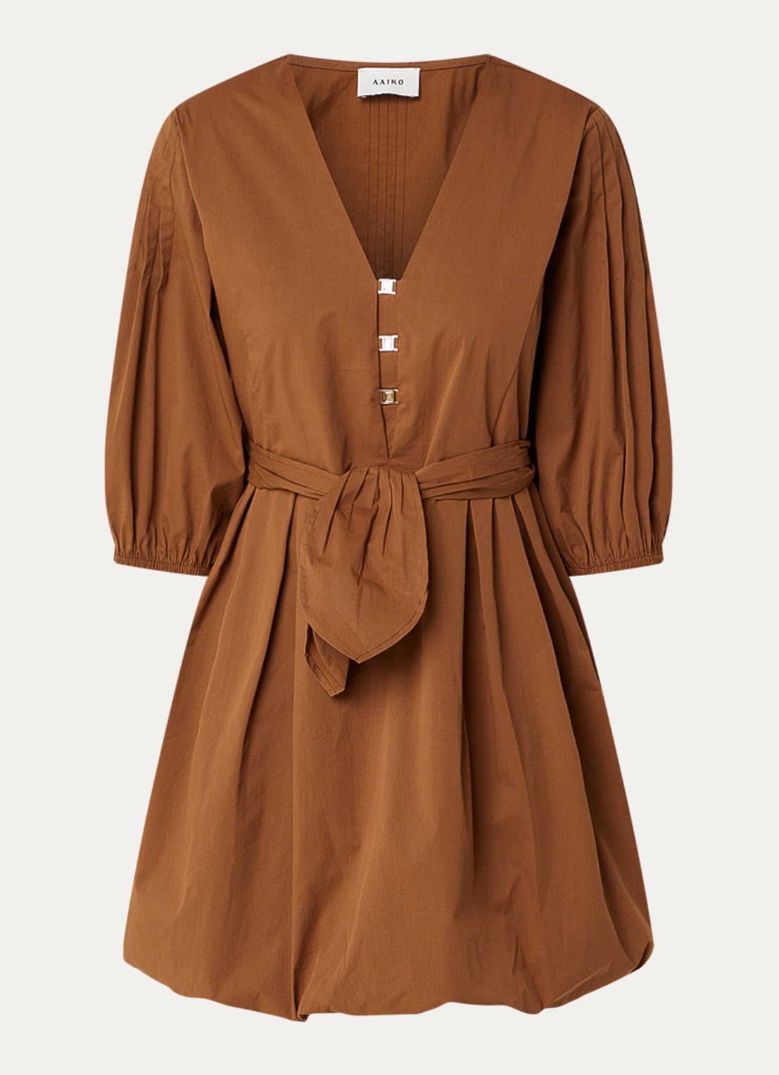 Aaiko Isolde mini jurk met ceintuur en ballonmouw - voorkant 2 cognac