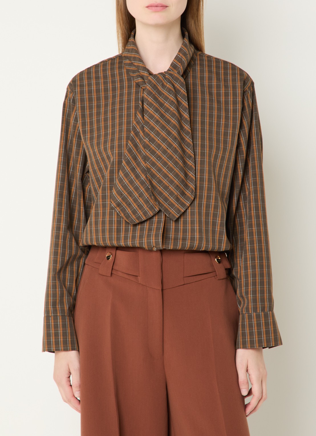 Aaiko Janesse blouse met ruitdessin en sjaalkraag - detail 3 bruin
