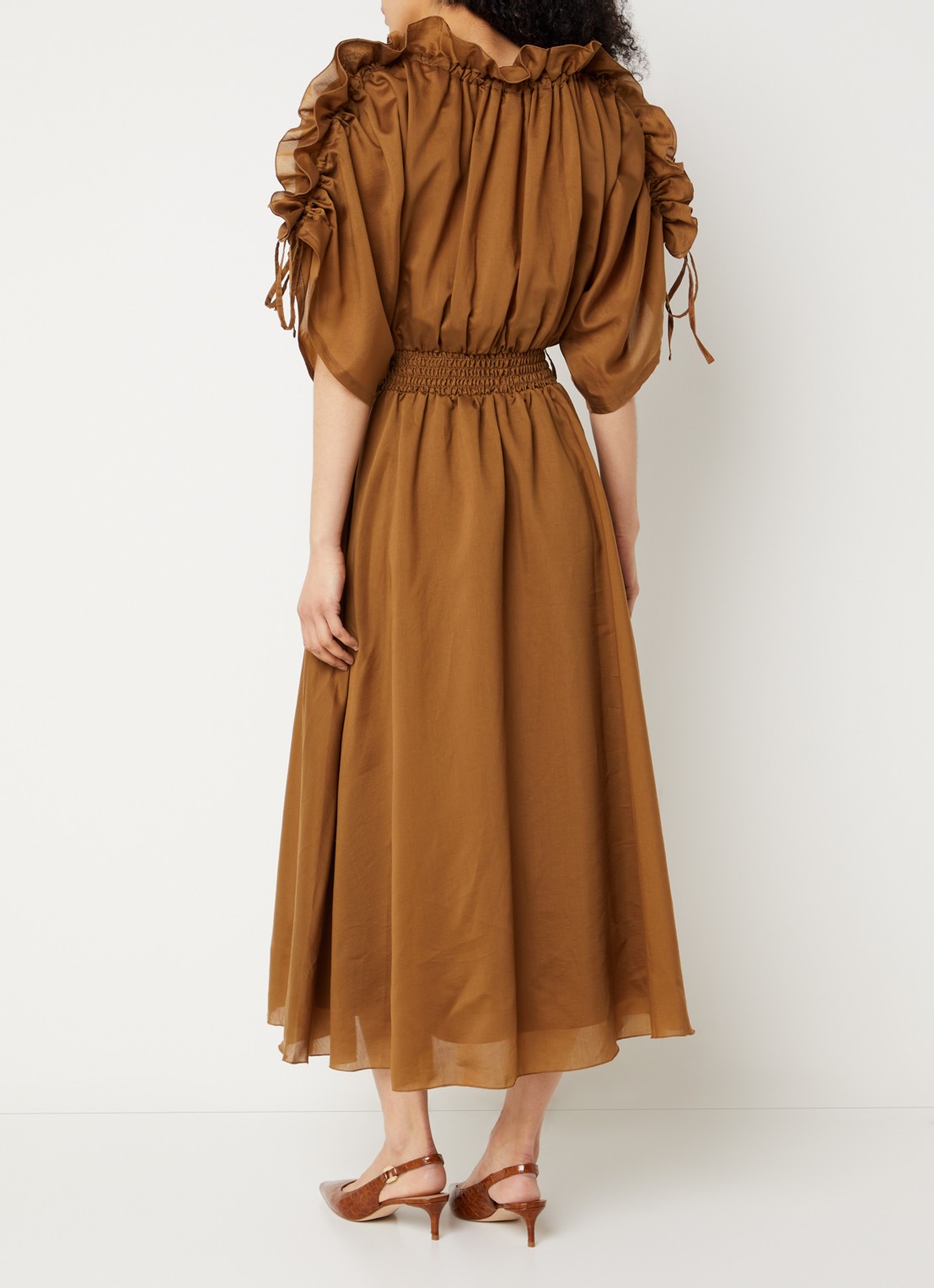 Aaiko Lily midi jurk met smockwerk - achterkant cognac
