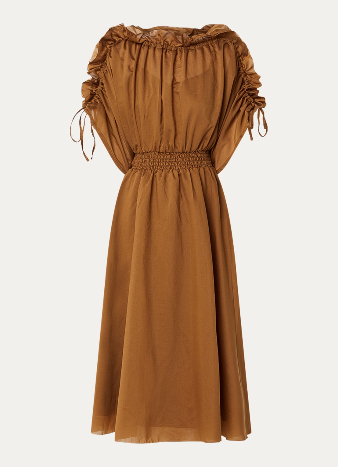 Aaiko Lily midi jurk met smockwerk - voorkant 2 cognac