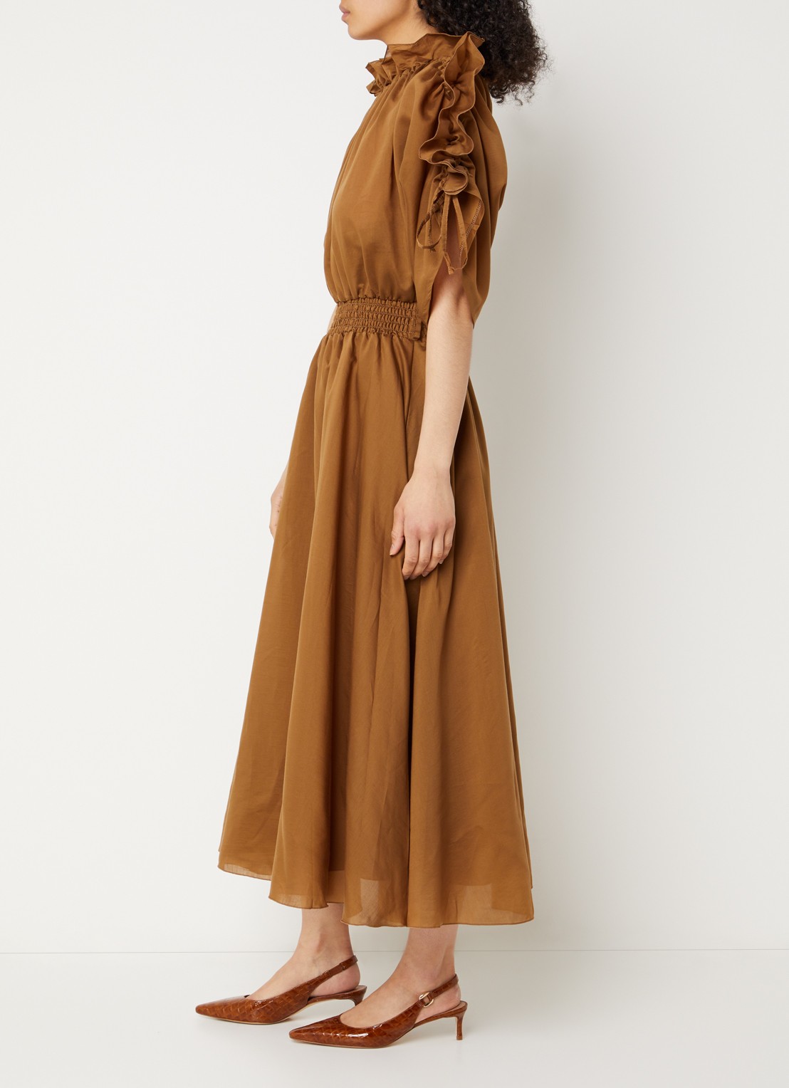 Aaiko Lily midi jurk met smockwerk - voorkant 3 cognac