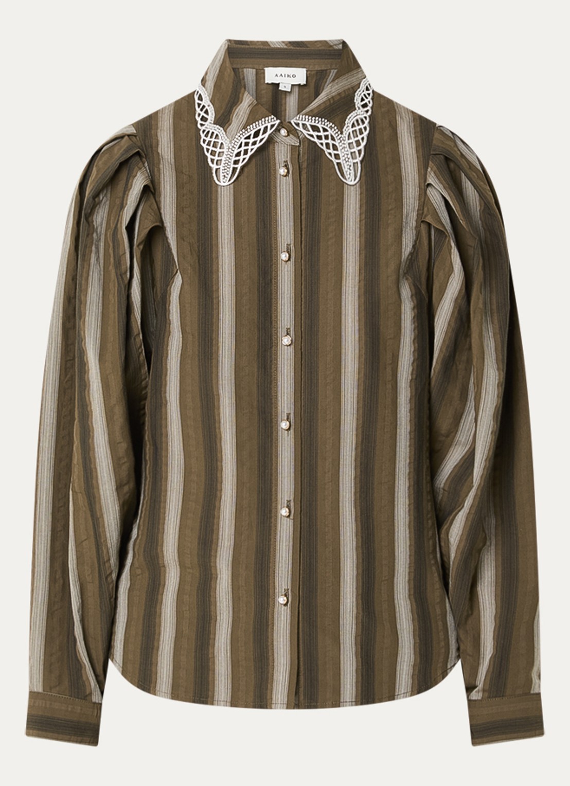 Aaiko Lorven blouse met streepprint en pofmouw - voorkant 2 olijfgroen