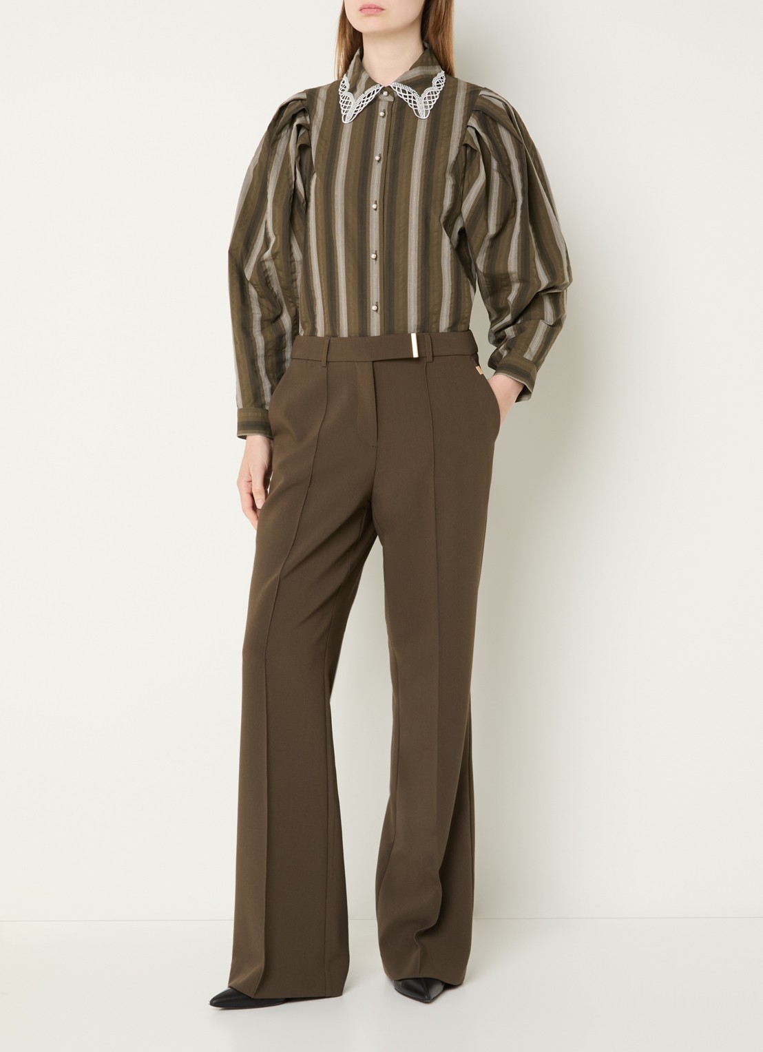 Aaiko Lorven blouse met streepprint en pofmouw - voorkant 3 olijfgroen