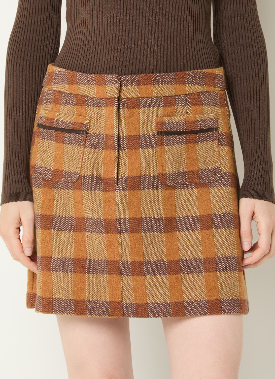 Aaiko Nasla minirok in wolblend met ruitdessin - detail 2 cognac