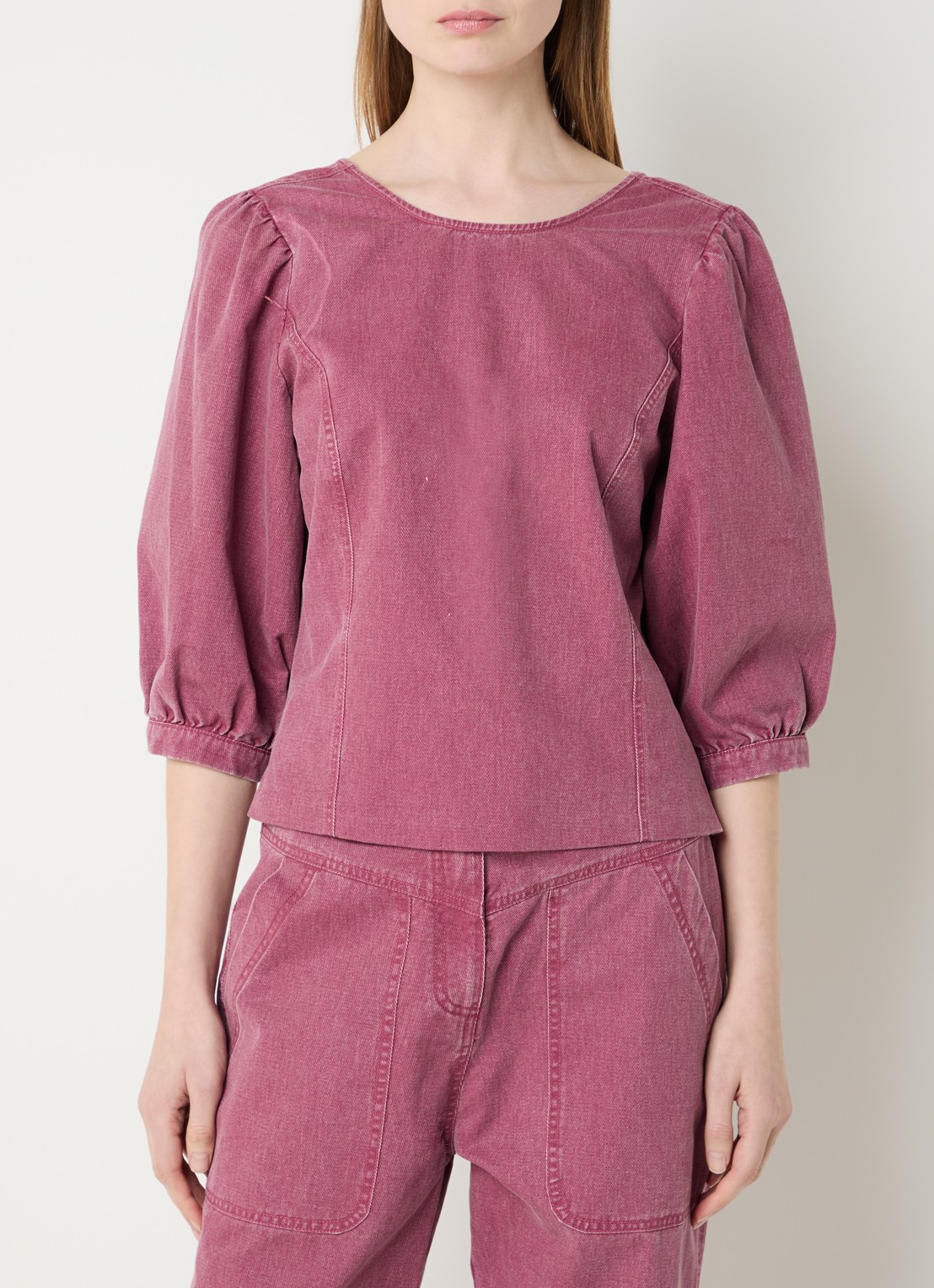 Aaiko Nicola top van denim met gekleurde wassing - detail donkerroze