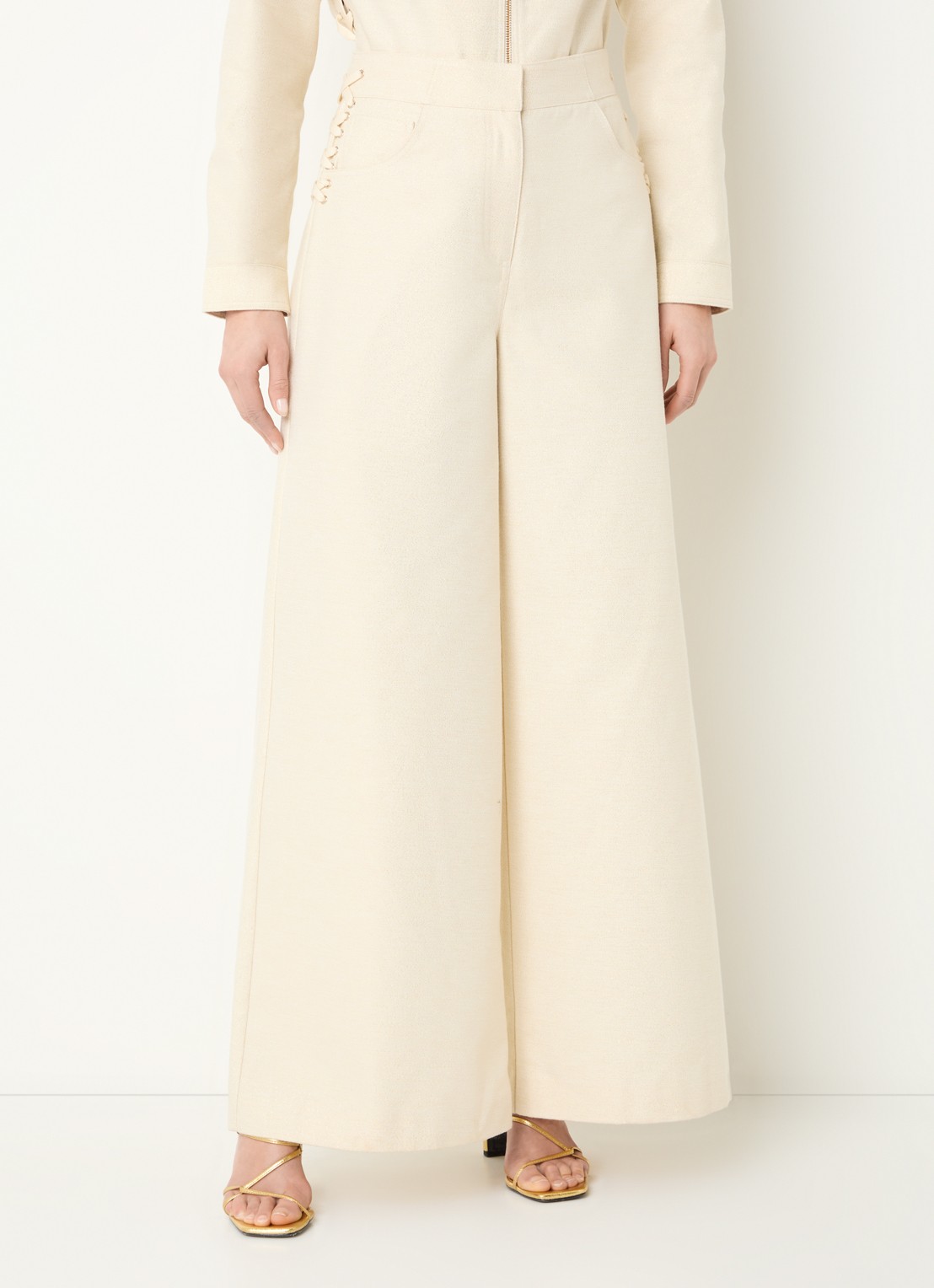 Aaiko Nore high waist wide fit broek met lurex - detail 2 gebroken wit