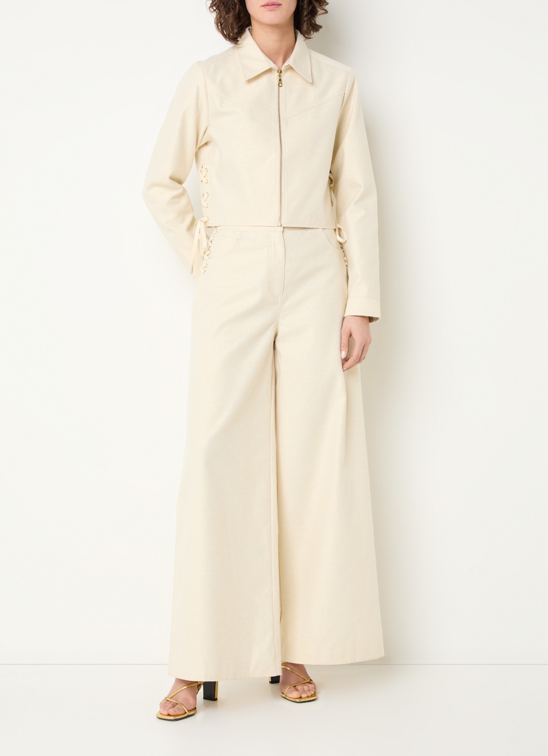 Aaiko Nore high waist wide fit broek met lurex - voorkant 4 gebroken wit