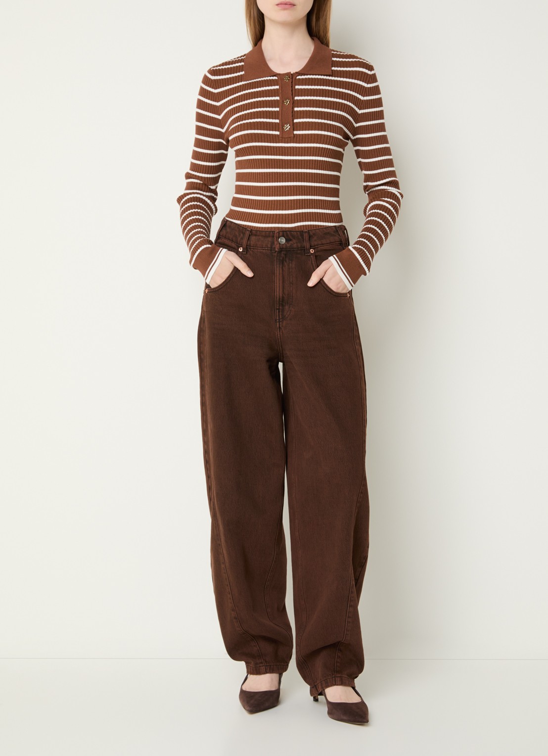 Aaiko Olin ribgebreide trui met streepprint - voorkant 3 cognac