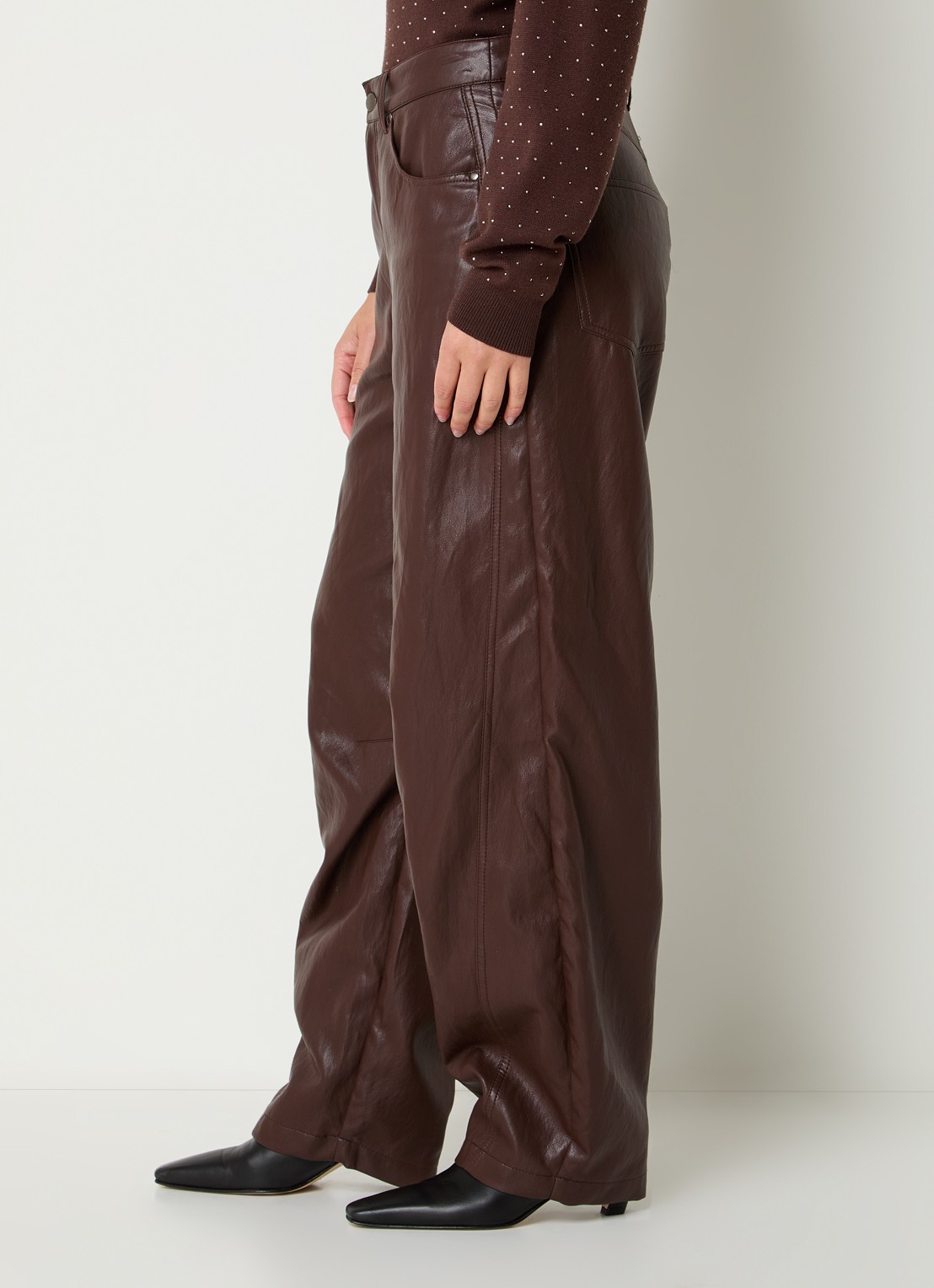 Aaiko Quin high waist balloon fit broek van imitatieleer - detail 3 donkerbruin