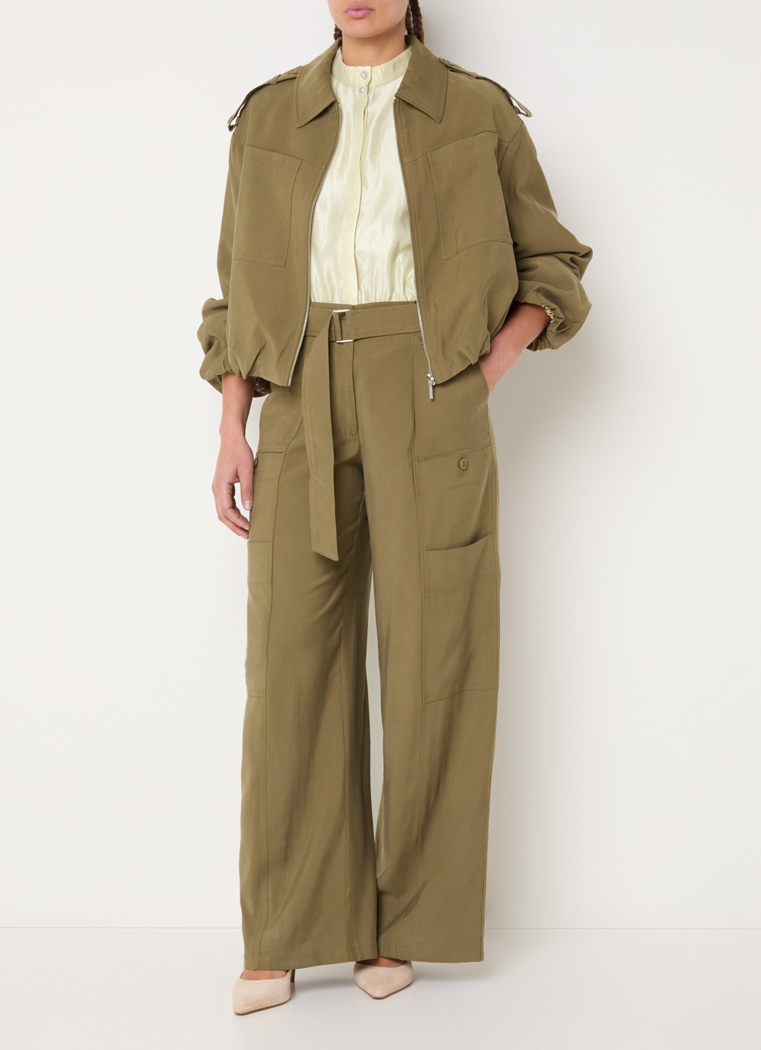 Aaiko River high waist wide fit pantalon met ceintuur - voorkant 2 groen