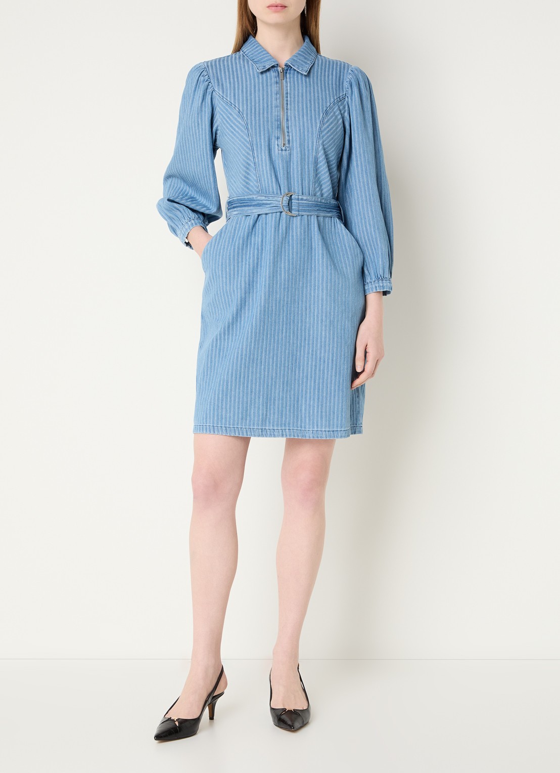 Aaiko Semira mini jurk met ceintuur en streepprint - voorkant 2 indigo