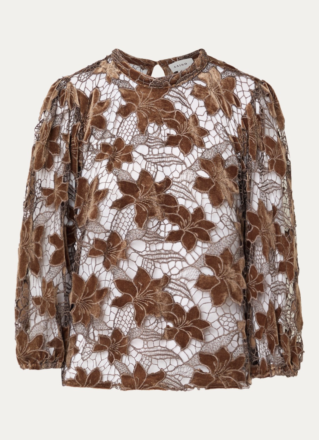 Aaiko Shaila semi-transparante top met opengewerkt dessin - voorkant donkerbeige