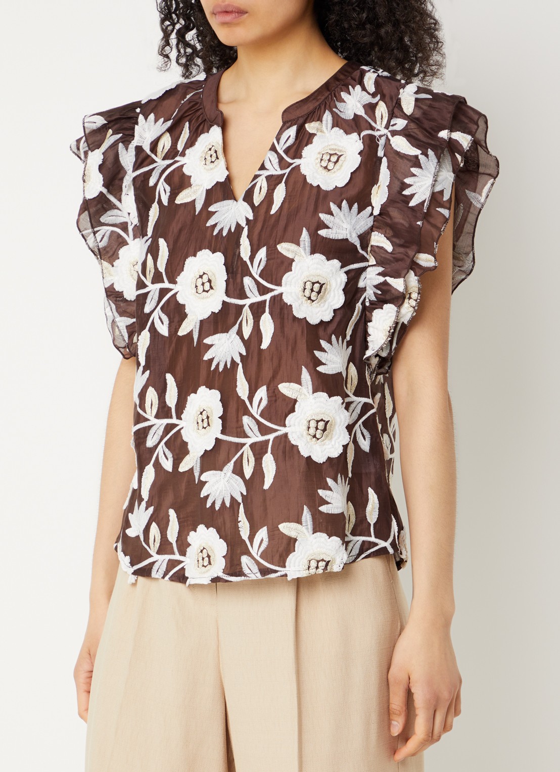 Aaiko Yaella top met borduring - detail donkerbruin