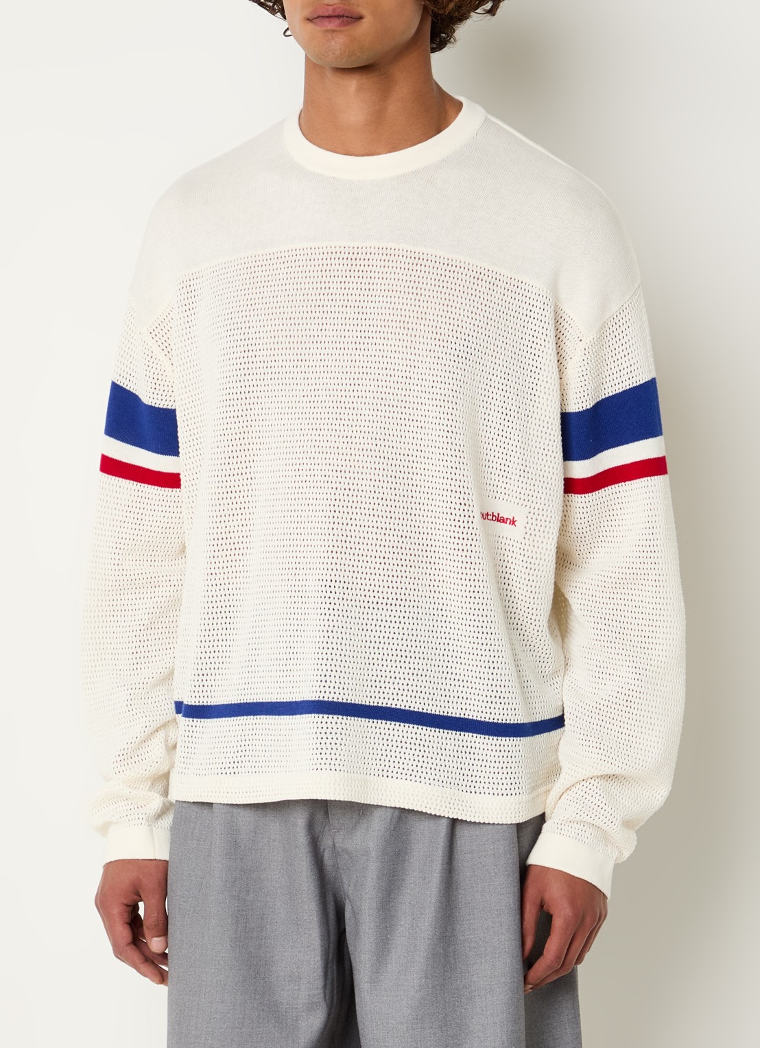 about:blank Pullover met streepprint en opengewerkt dessin  - achterkant gebroken wit