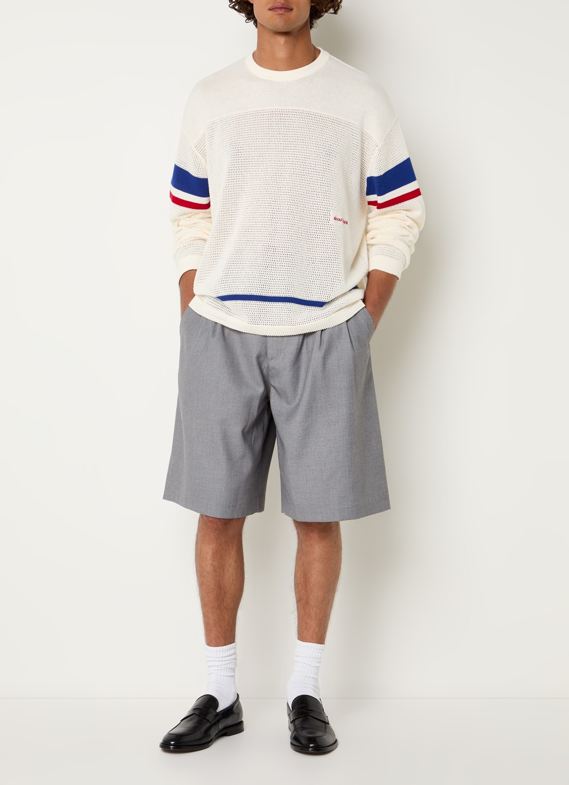 about:blank Pullover met streepprint en opengewerkt dessin  - voorkant 3 gebroken wit