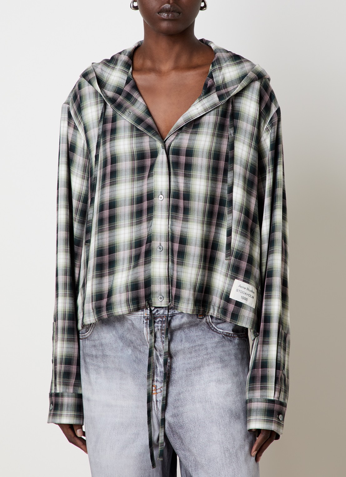 Acne Studios Blouse met ruitdessin en capuchon - detail 4 zwart