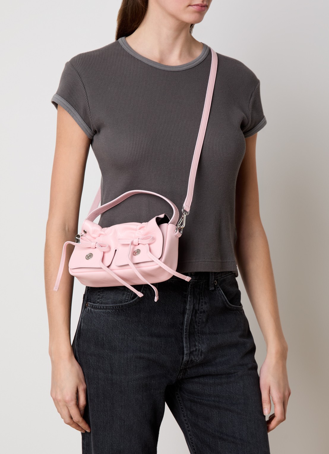 Acne Studios Handtas van kalfsleer met strikdetail - voorkant 2 lichtroze