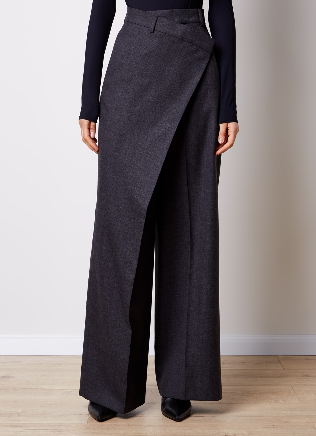 Acne Studios High waist wide fit pantalon in wolblend met overslag  - detail 4 antraciet
