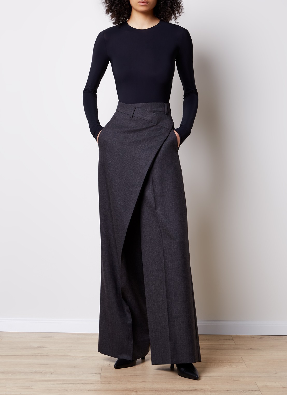Acne Studios High waist wide fit pantalon in wolblend met overslag  - voorkant 3 antraciet