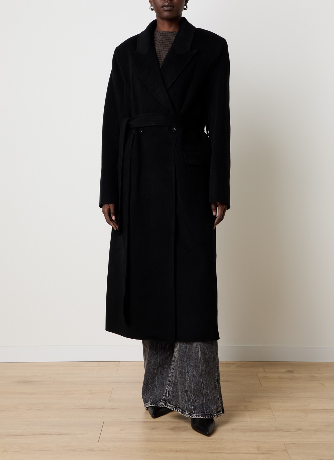 Acne Studios Mantel in kasjmierblend met strikceintuur - voorkant 3 zwart