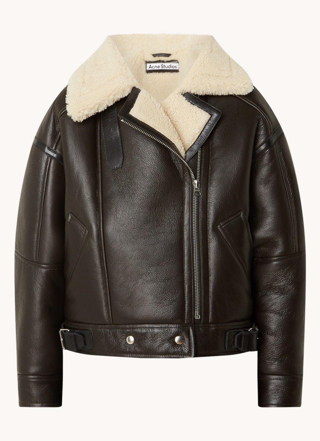 Acne Studios Oversized lammy coat van lamsleer met teddy kraag    - voorkant 4 donkerbruin