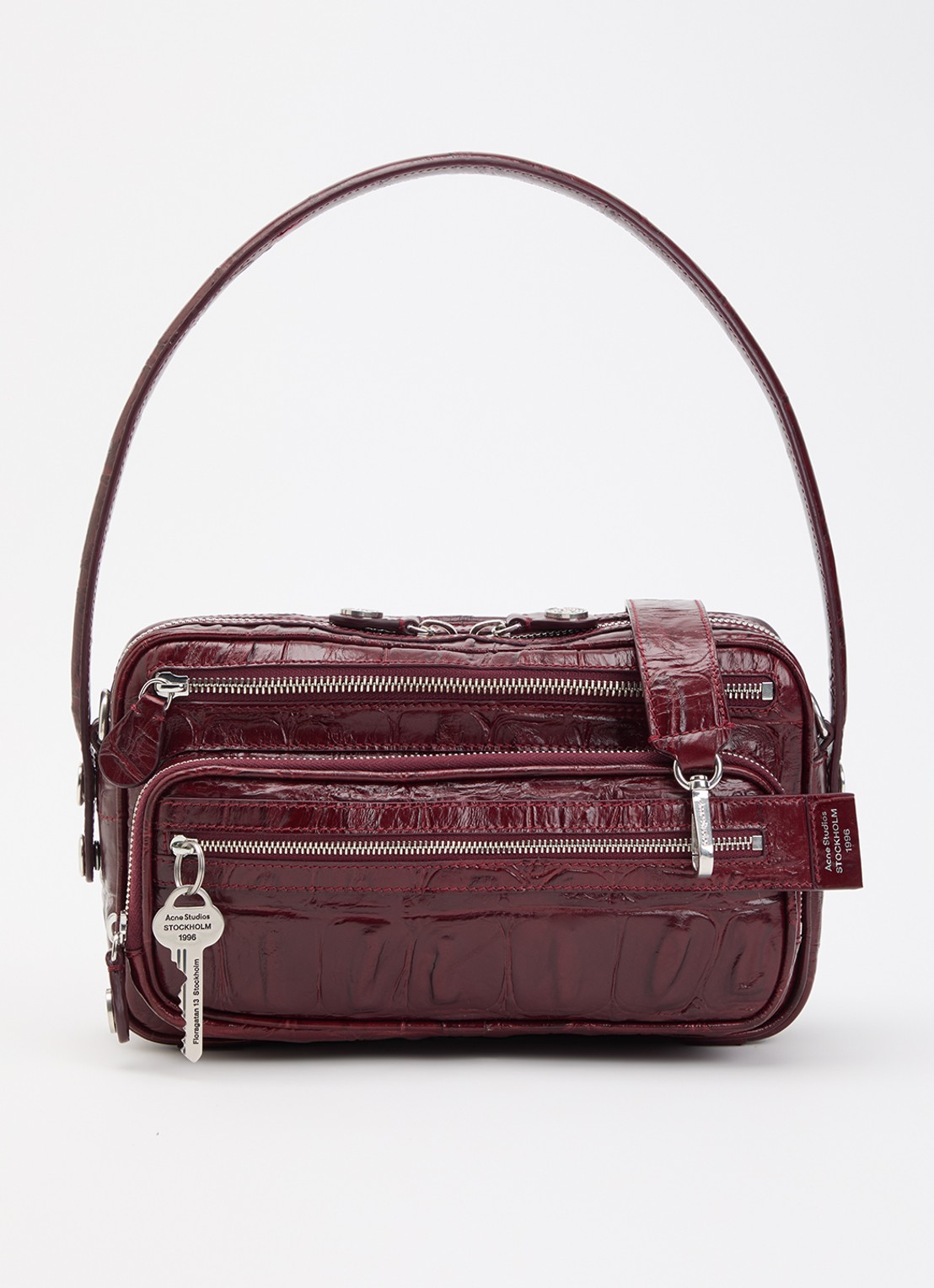 Acne Studios Schoudertas van kalfsleer met crocostructuur en afneembare schouderriem - voorkant 5 bordeauxrood