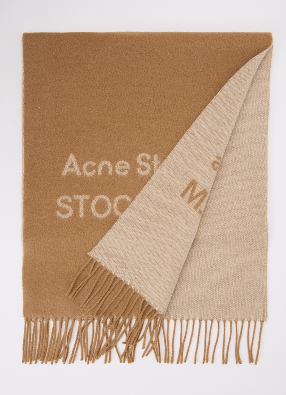 Acne Studios Sjaal van wol met logoprint 180 x 40 cm - voorkant camel
