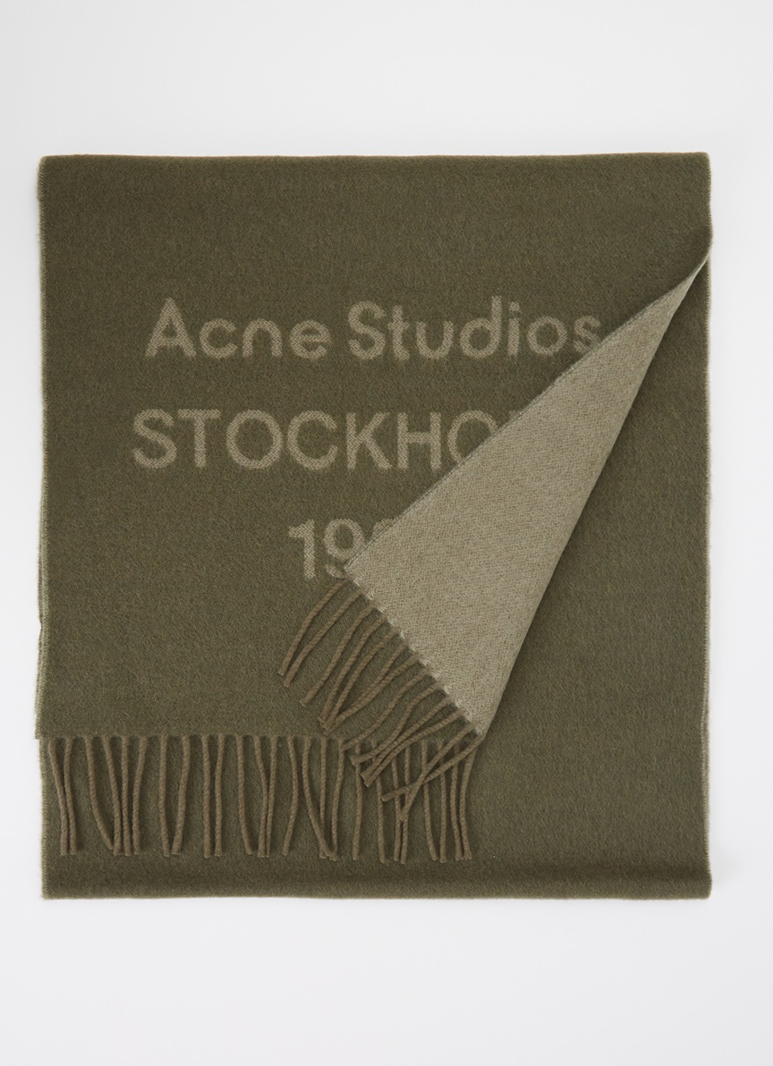 Acne Studios Sjaal van wol met logoprint 180 x 40 cm - voorkant legergroen